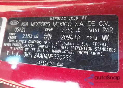 2021 Kia Forte Lxs z USA, uszkodzony, nr VIN 3KPF24AD4ME370233